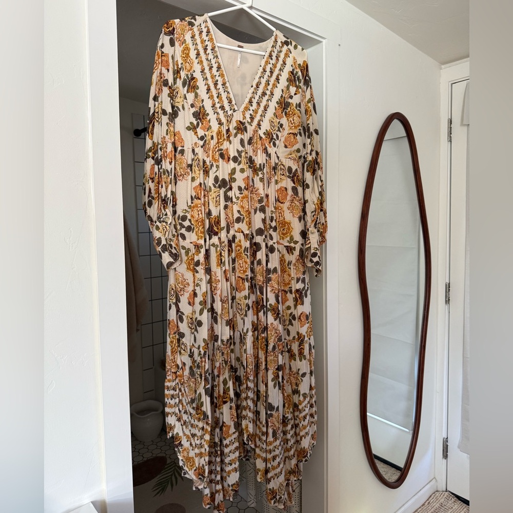 Free People Floral Long Sleeve Dress - Cream and Orange